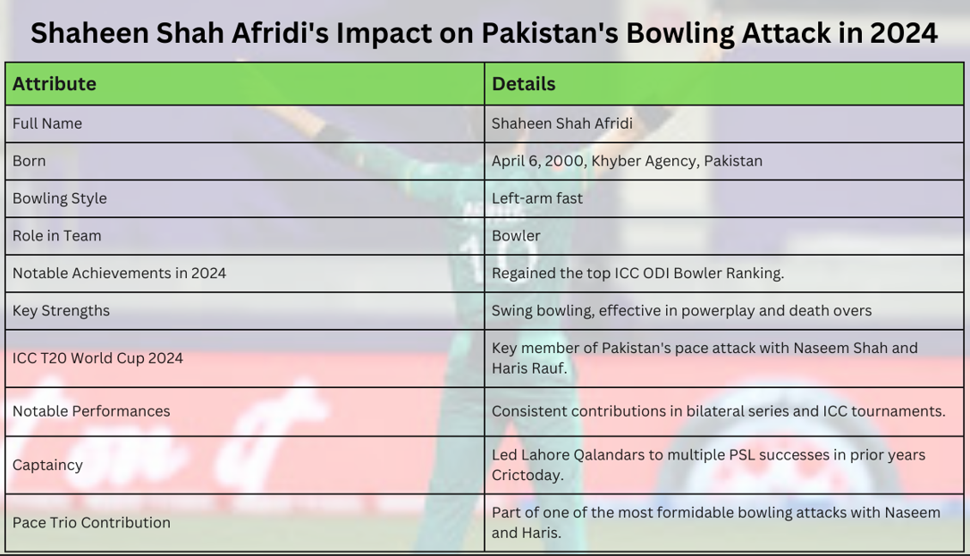 Shaheen Shah Afridi's Impact on Pakistan's Bowling Attack in 2024